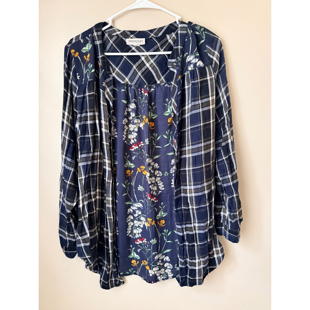 Westport Womens‎ Long Sleeve Plaid Floral Patchwork Top Size L Boho Cottage